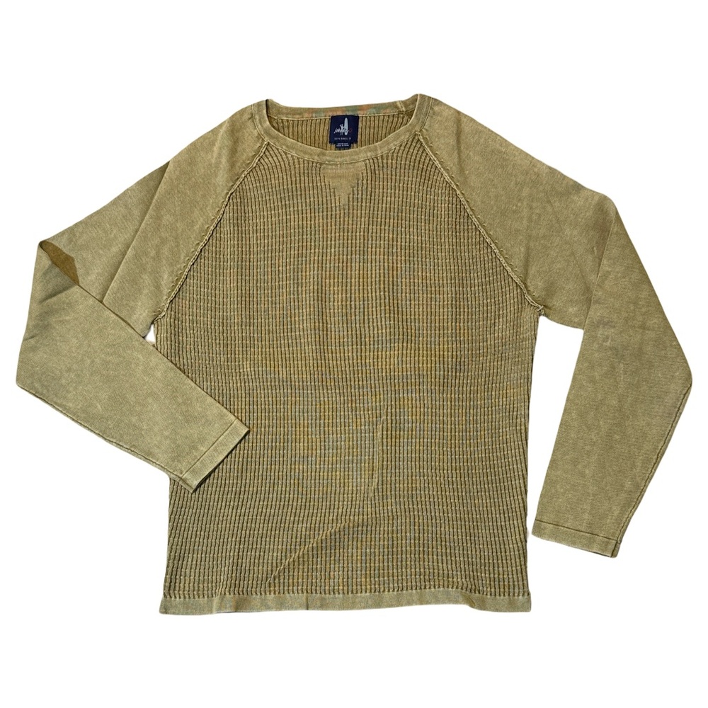 Johnnie-O mens M Medium tan khaki waffle knit crewneck lightweight sweater EUC